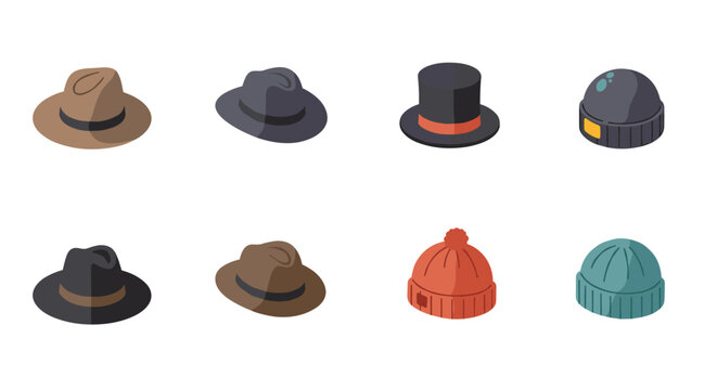 Collection of eight stylish hats in isometric design