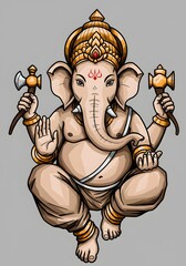 Hindu deity Ganesha, the elephant-headed god of wisdom and new beginnings, seated in a regal pose, holding his attributes