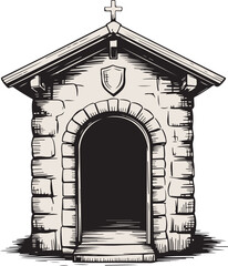 Hand-Drawn Stone Chapel Sketch – Vintage Architectural Illustration