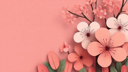 Fototapeta premium Delicate blossoms and leaves in soft pinks and greens.