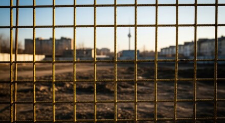 Yellow mesh fence blurs foreground, revealing a city skyline, bare land, and distant tower
