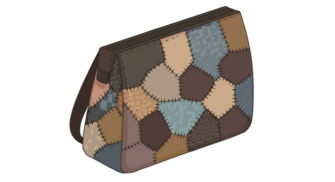 Patchwork hexagon tote bag with earth tones and abstract patterns