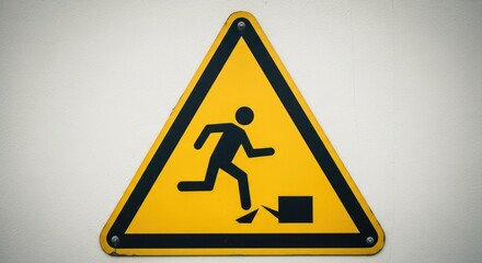 Yellow triangular warning sign with black person tripping over an obstacle