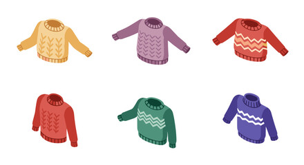 Colorful isometric sweaters collection featuring cozy winter designs