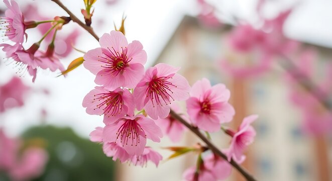 Beautiful pink cherry blossoms on a branch in spring