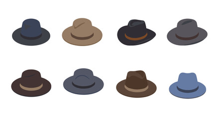 Collection of classic fedora hats in various colors and perspectives