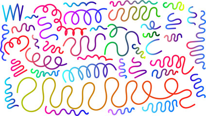 Colorful Abstract Doodle Wavy and Curly Gradient Lines on Black Background, Shapes, Pattern Design, Background with Fun Kid Graphics, Wave Party Color Lines Isolated on Bg.