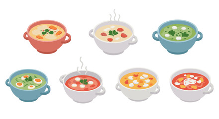Isometric bowls of diverse soups with vegetables and herbs