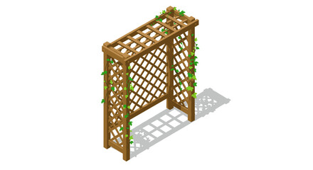 Isometric wooden garden trellis with climbing vines