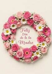 Beautiful floral wreath with 'Feliz Dia de la Madre' text, celebrating Mother's Day with pink and white blossoms