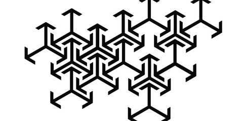 Black and white geometric pattern with arrows forming a complex interwoven design.