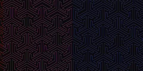 Geometric pattern with arrow-like shapes in dark red and blue colors, creating a textured design.
