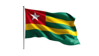The national flag, featuring a red upper left quadrant with a white star, floats gracefully, showing a combination of green, yellow, and red hues; the cloth waves against a dark background while...