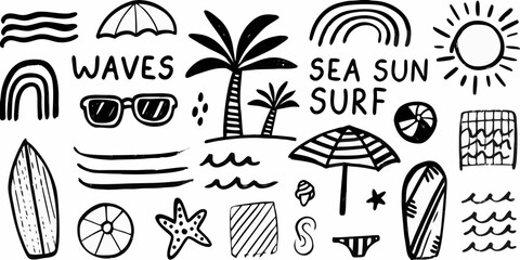 Hand drawn black and white summer beach vacation icons and symbols collection