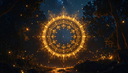Mystical Golden Mandala Sunburst in Dark Forest.