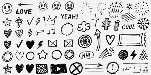 Naklejka premium Collection of hand drawn black doodle icons and symbols on white background