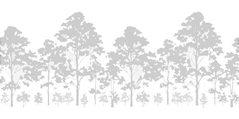 Seamless pattern of stylized grey trees and foliage against a white background