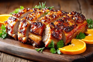 Roasted pork belly slices with crispy crackling and herbs