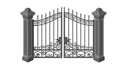 Elegant iron gate with decorative fence and stone pillars in isometric style
