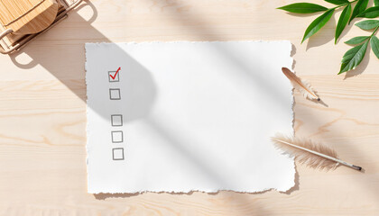 Empty checklist with checkmark and feathers on wooden table  