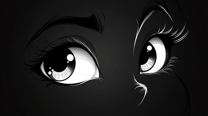 Expressive cartoon female eyes with long eyelashes on black background. Animated character eyes showing emotion with dramatic makeup style and copy space.