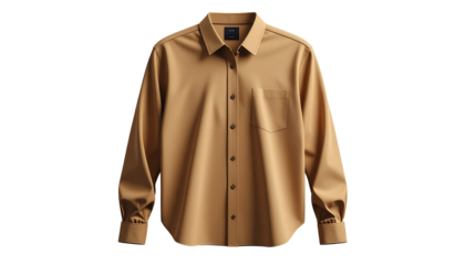 Formal tan button-down shirt, perfectly centered and displayed against a stark black background, showcasing a classic collar, a chest pocket, and buttoned cuffs, ideal for fashion or clothing-related.