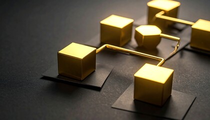 An abstract composition featuring interconnected golden geometric shapes on a dark textured backdrop, symbolizing networks