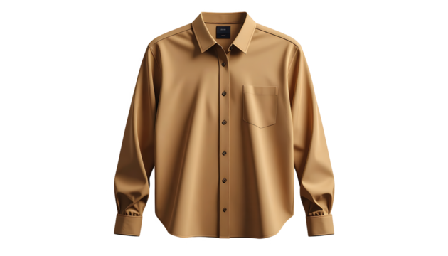 Formal tan button-down shirt, perfectly centered and displayed against a stark black background, showcasing a classic collar, a chest pocket, and buttoned cuffs, ideal for fashion or clothing-related.