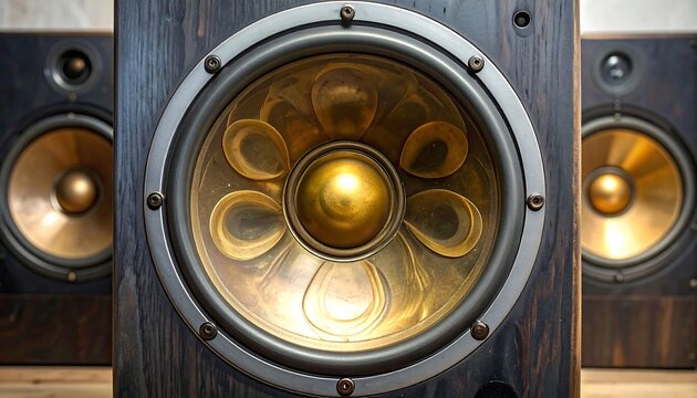 Close-up on audio speakers with metallic cones in a dark wooden casing, showcasing the details and textures