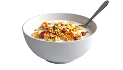 Creamy white yogurt filled inside a ceramic bowl topped with mixed cereal and red berries, alongside a shiny metal spoon resting within the breakfast arrangement set against a stark black background,