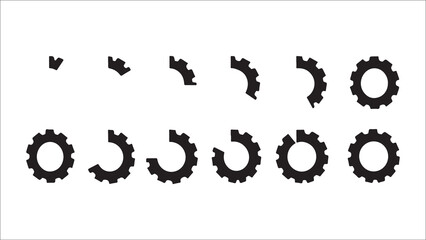 This image displays a sequence of black gear shapes against a white background. The gears progress from a small, incomplete segment to a full, complete gear. This visual progression suggests a process