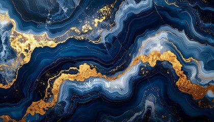 An abstract, digital artwork featuring swirling patterns of deep blues, whites, and gold, mimicking a gemstone or geological formation