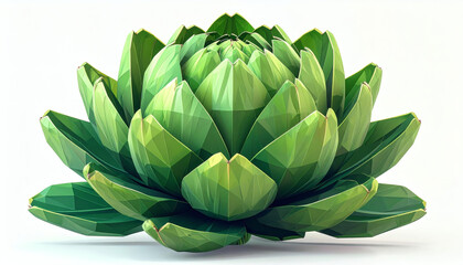 Obraz premium Low-poly artichoke with layered green polygon facets isolated on white background, stylized 3D vegetable illustration, modern geometric digital art design