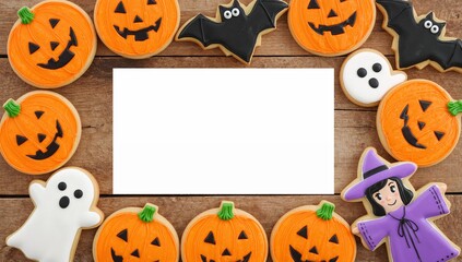 Festive Halloween-themed frame with pumpkin, ghost, and witch cookies surrounding a blank white space for custom text