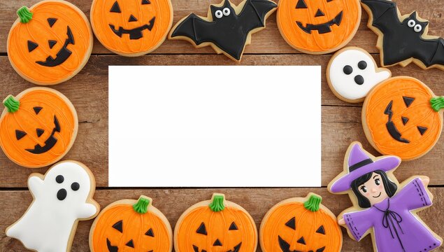 Festive Halloween-themed frame with pumpkin, ghost, and witch cookies surrounding a blank white space for custom text
