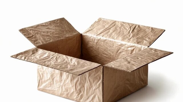 An open brown cardboard box with its flaps spread outward on a white surface.