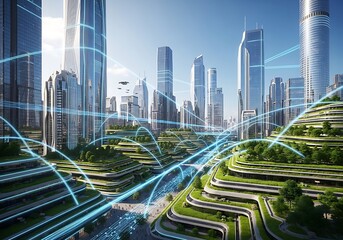 Futuristic cityscape with glowing blue energy lines connecting buildings and green terraces, representing smart city technology and connectivity