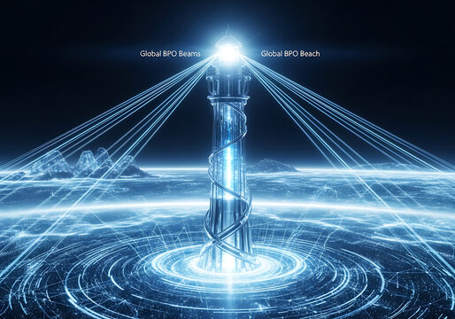 Futuristic Lighthouse BPO Beams Connecting Beach Landscape Glowing Lines