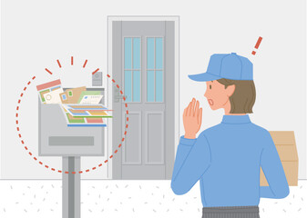 溜まった郵便物がポストに放置されていて驚く宅配サービス女性スタッフ