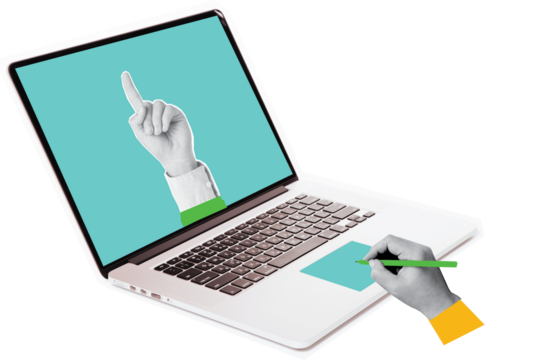 laptop and a hand holding a pencil art collage