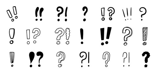 Hand drawn doodle exclamation and question marks, isolated on white background. Vector illustrations perfect for comics, messages, social media, and expressive design projects.