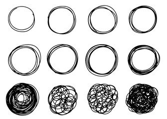 Hand drawn set of messy circles and scribble lines, isolated on white background. Vector doodle illustrations perfect for abstract designs, backgrounds, and creative projects.