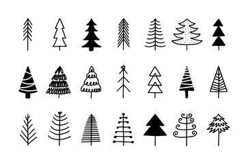 Hand drawn doodle Christmas tree icons, black on white background. Perfect for holiday cards, winter design, stickers, and festive decorations.