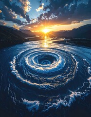 Whirlpool vortex under scenic sunset