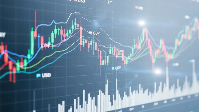 Stock market chart with currency symbols and candlestick patterns on screen