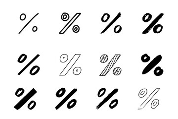 Hand drawn doodle percentage icons in black and white outline style, isolated on white background. Perfect for math design, business infographics, presentations, and creative projects.