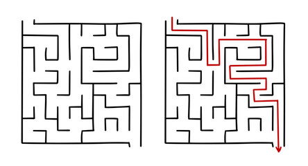 Hand drawn doodle maze with solution path in outline style, isolated on white background. Perfect for puzzles, activity books, kids games, and educational design.