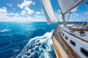 Yacht sailing on vast blue ocean water under sunny sky