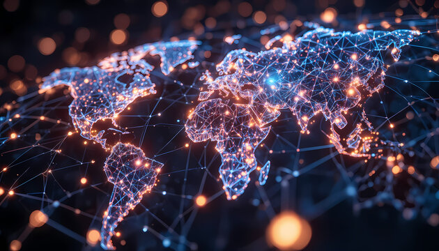 Abstract blue lights explosion in digital space with glowing lines and star points design