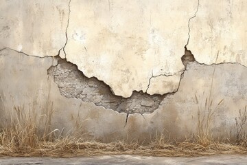 Obraz premium Cracked wall with dried grass
